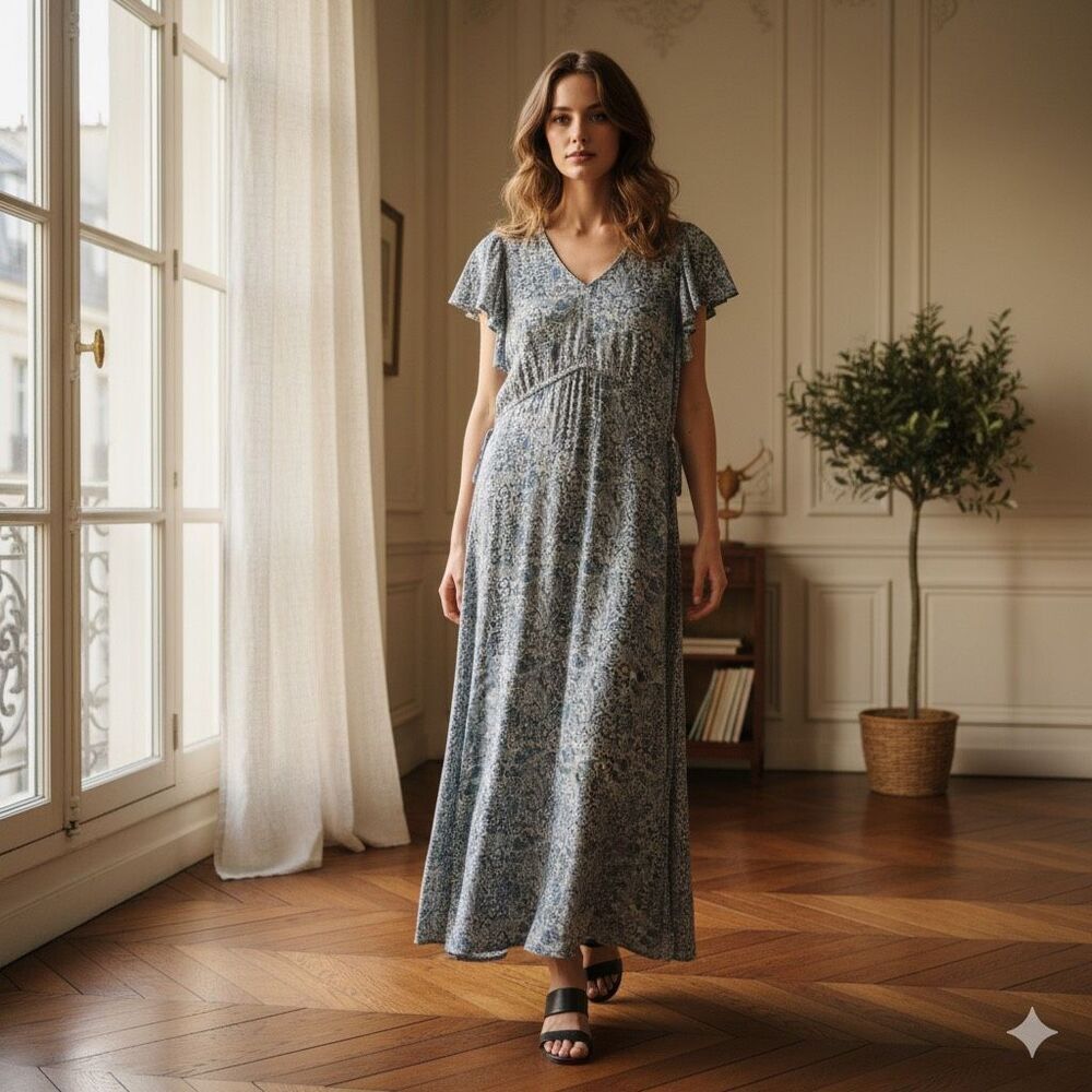 FRYE Blue Paisley Maxi Dress Flutter Sleeve Boho Coastal Size Small